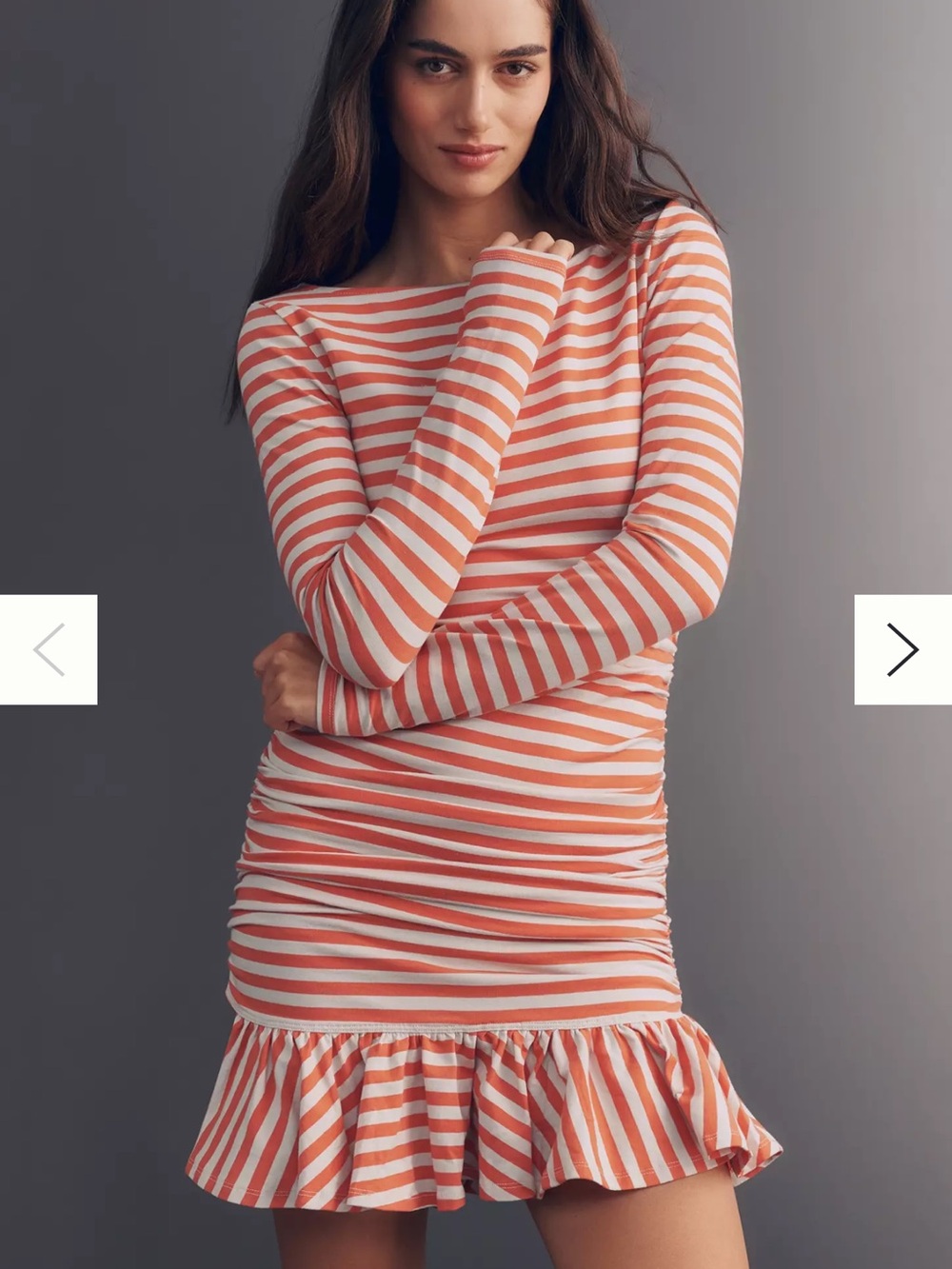 Daily Practice Striped Long-Sleeve Ruffle-Hem Dress in Coral and White